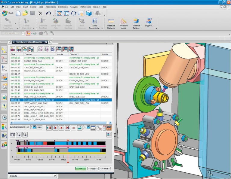 NX CAM programming from Siemens PLM enables realistic simulation of machine tool functions.